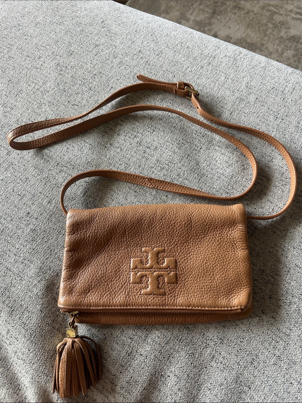 Tory Burch Cognac Leather Crossbody Wallet with Tassel